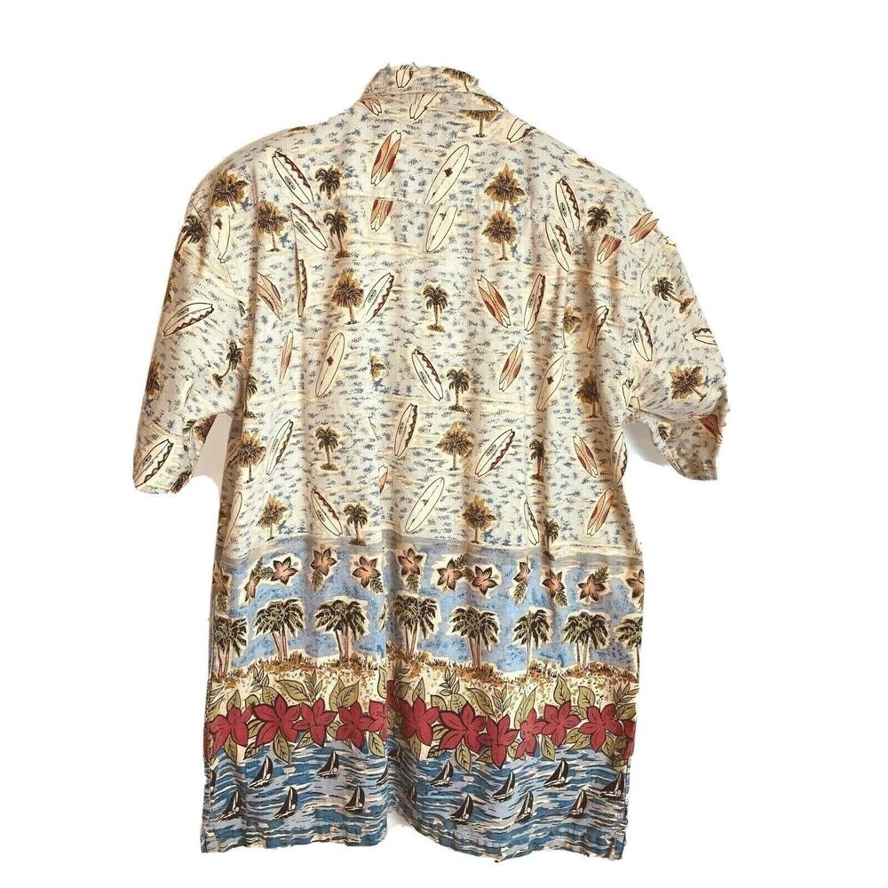 Mens M American Outpost Hawaiian Aloha Friday Shirt Cruise Surfboards GUC Border